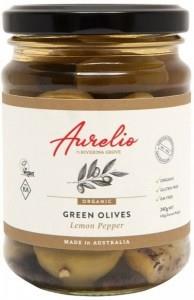 Aurelio Organic Green Olives Lemon Pepper G/F 240g